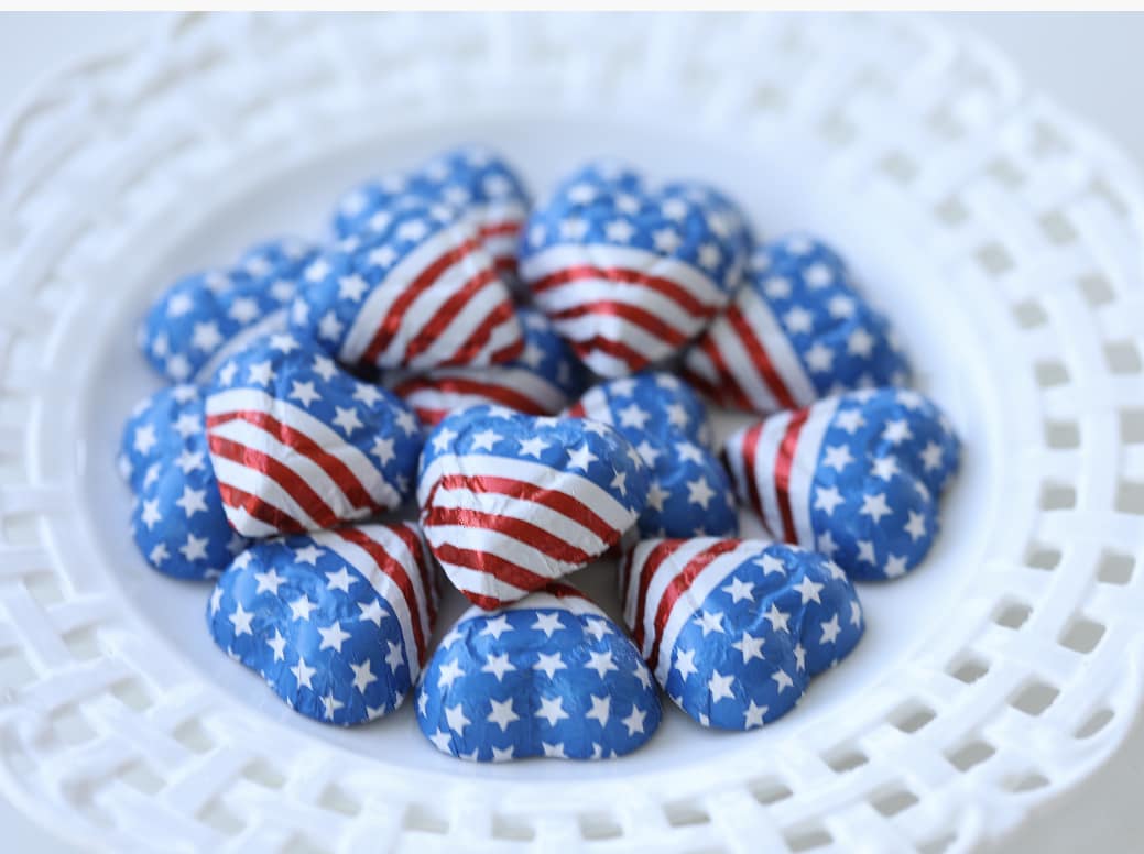 Red, white, and blue heart-shaped chocolates